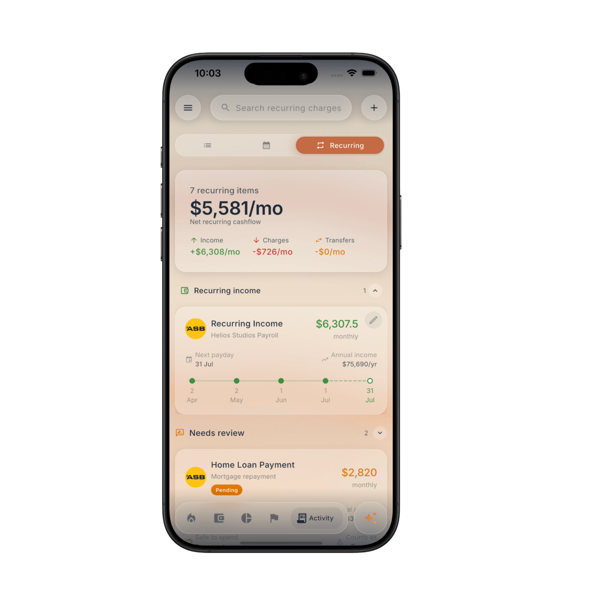 Fireball recurring income and charges screen