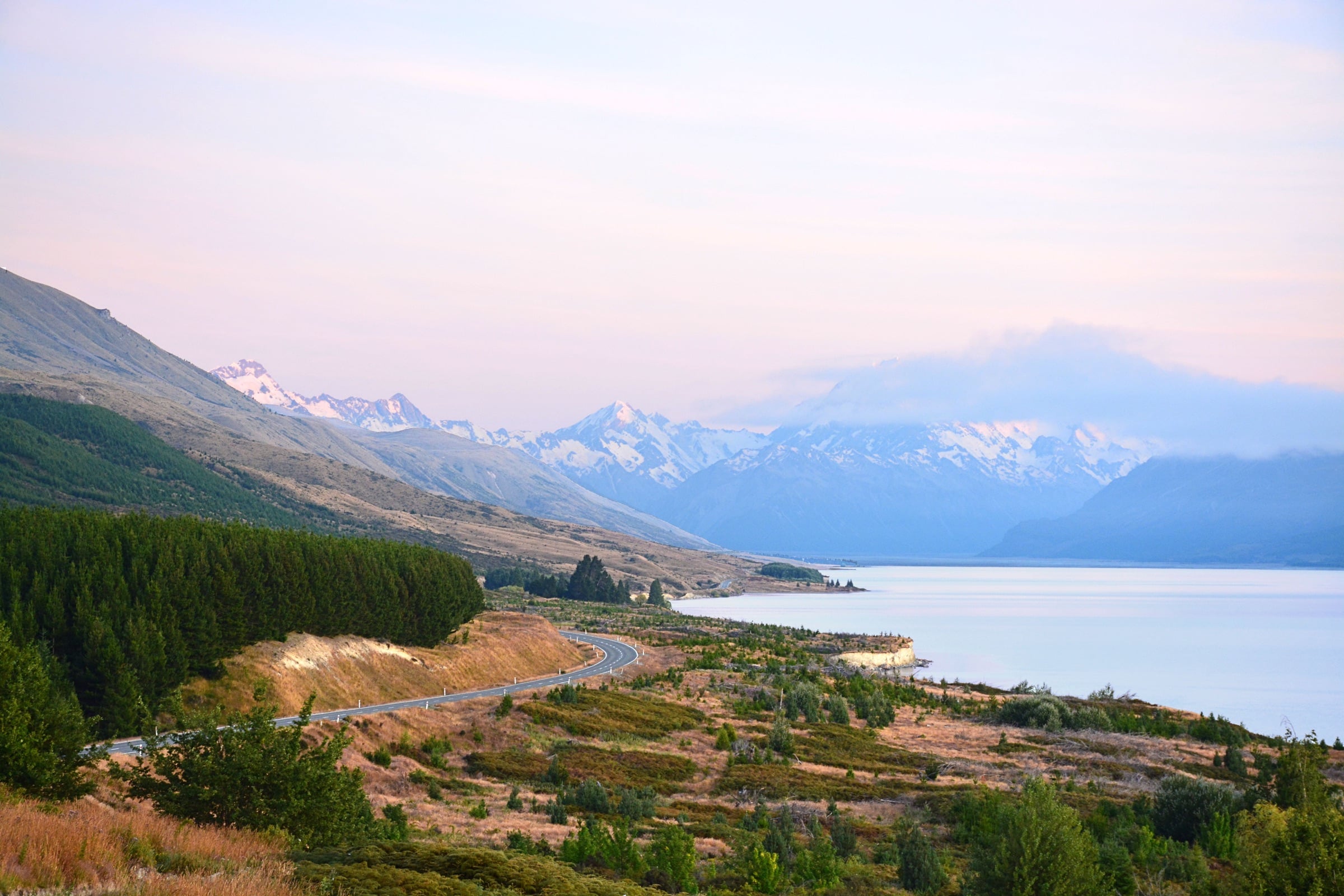Lake Pukaki and the Southern Alps at sunset