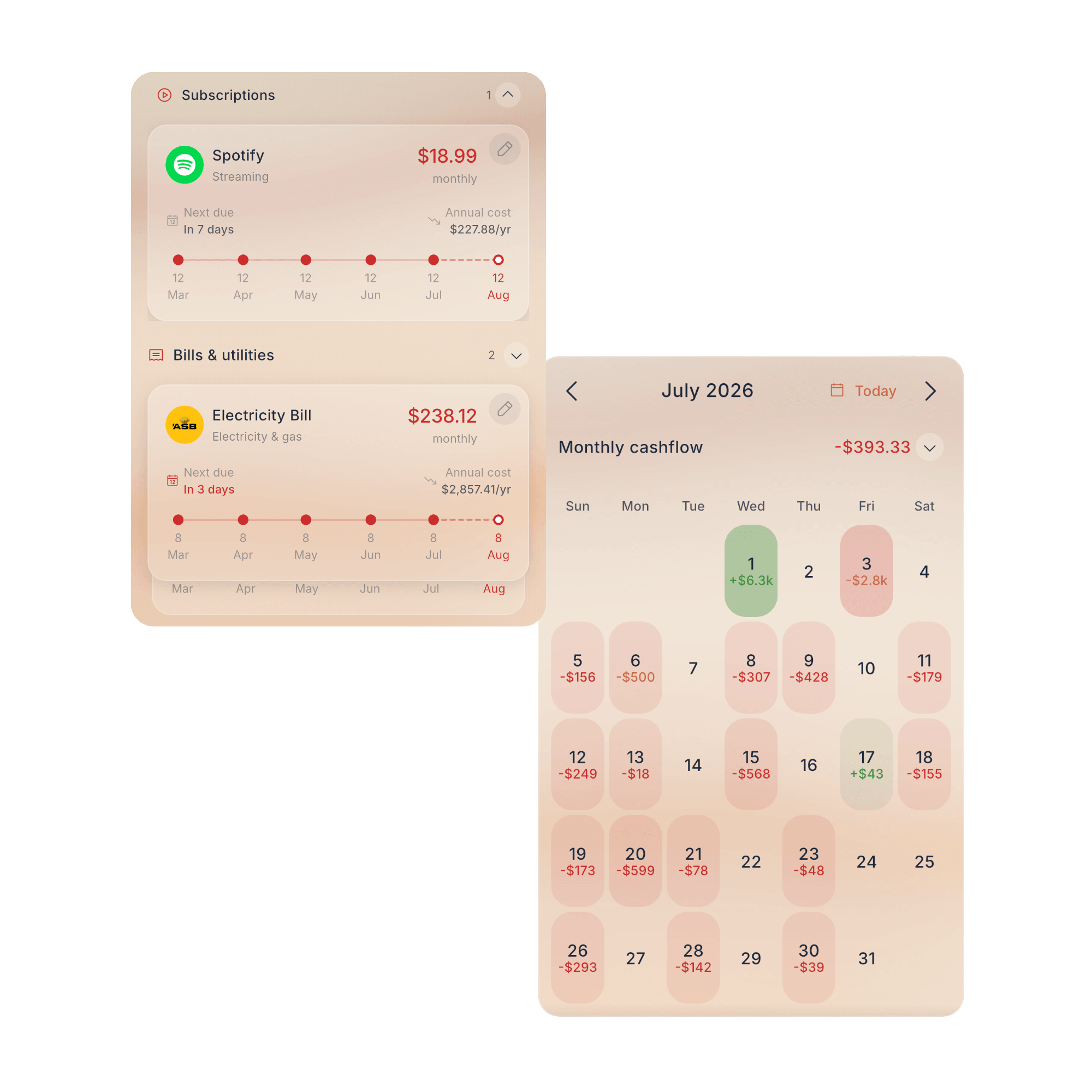 Fireball recurring costs and monthly cash-flow calendar showing subscriptions, utility bills and upcoming spending