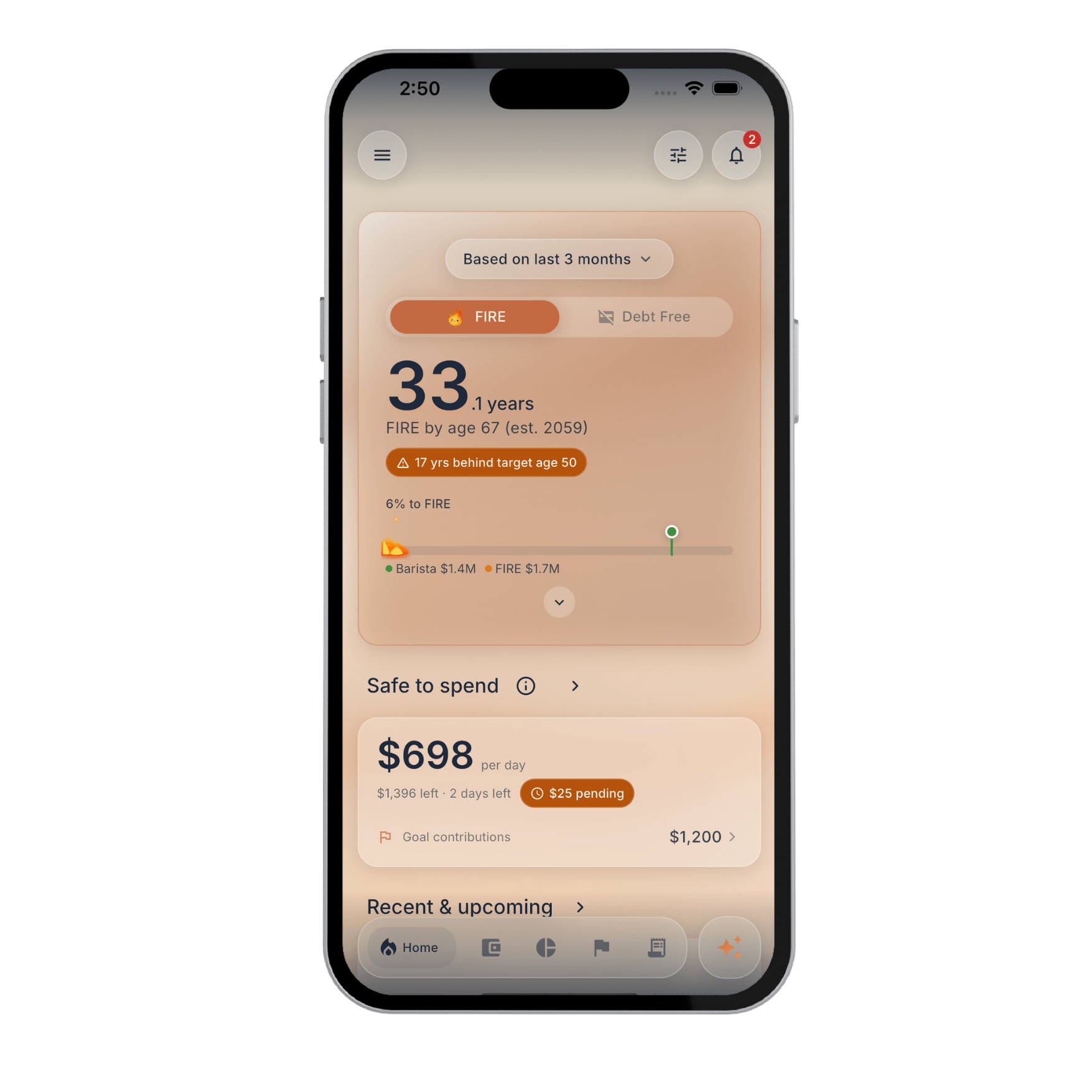 Fireball mobile dashboard showing FIRE progress and Safe to Spend