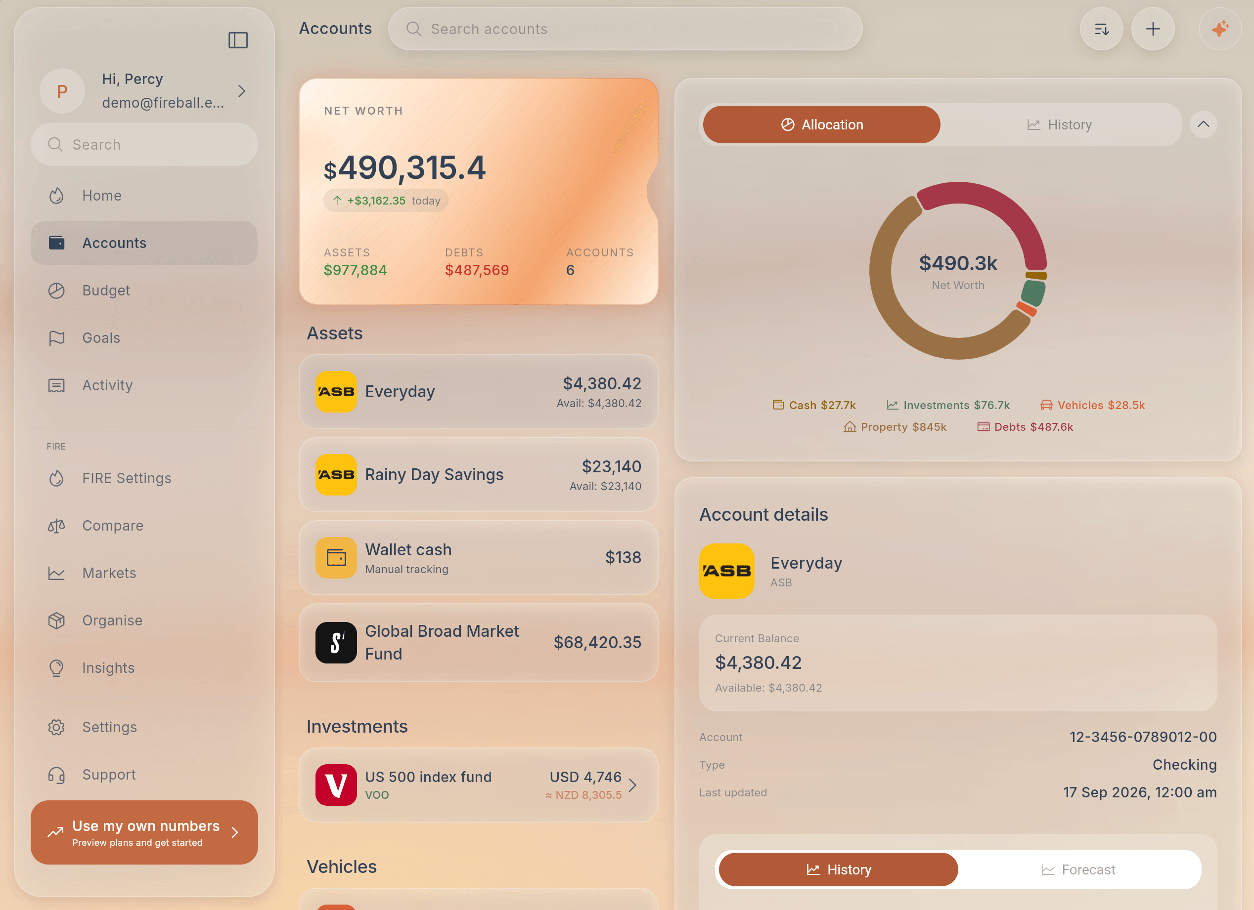 Fireball web dashboard showing accounts, net worth and account details