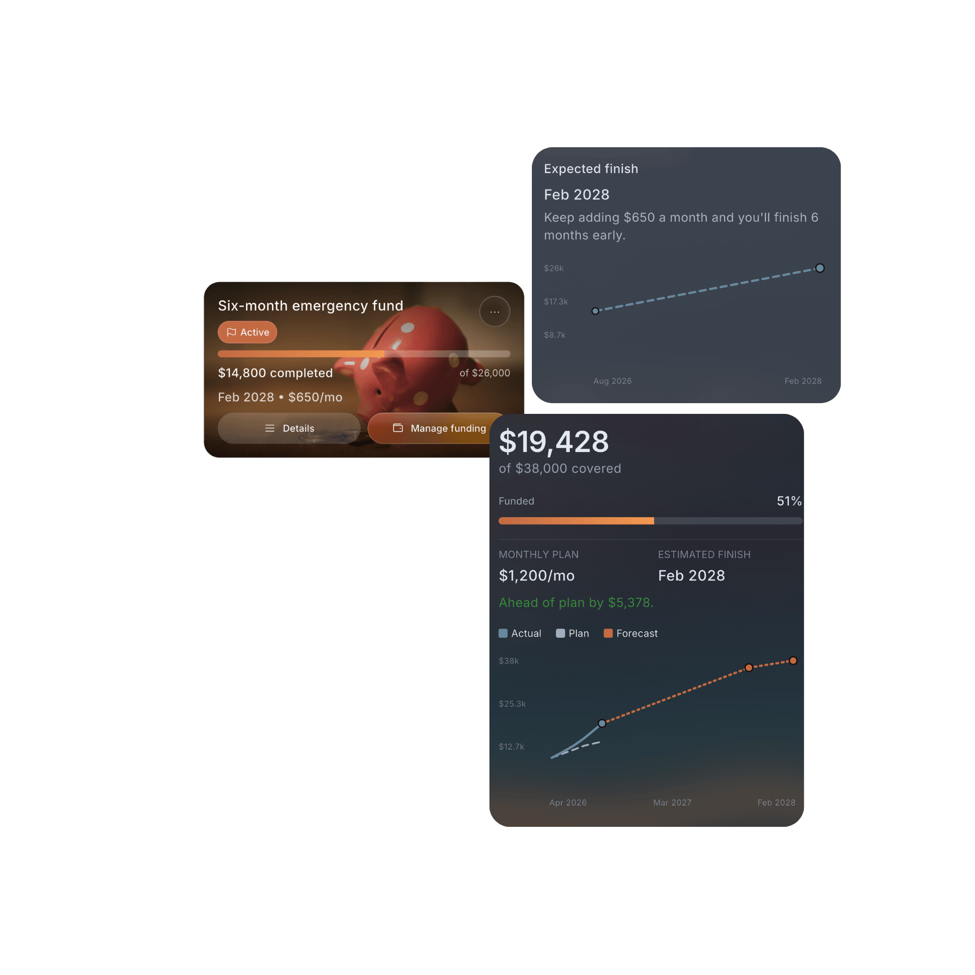 Fireball emergency-fund goal with a custom piggy-bank background, progress details, monthly funding plan and contribution history