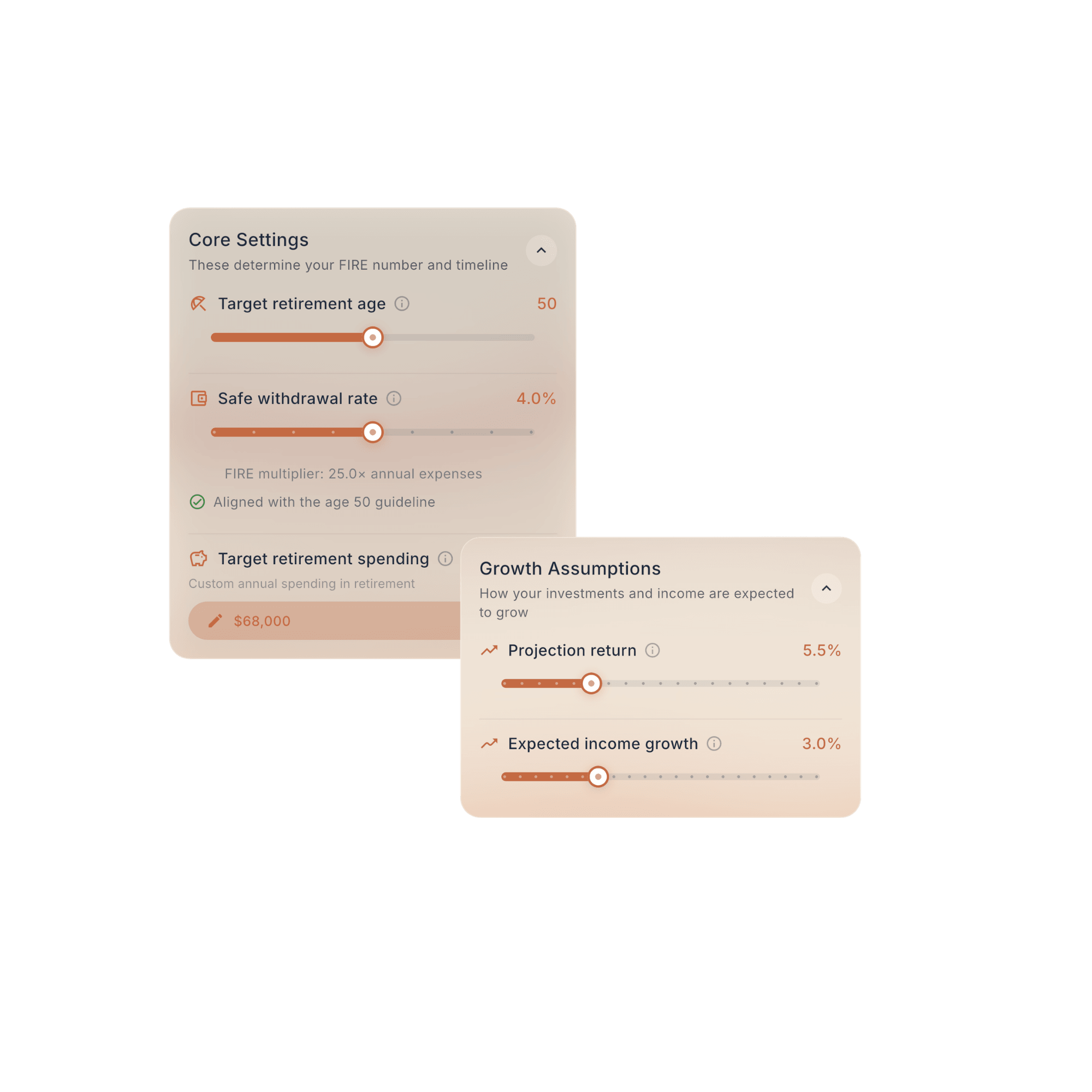 Fireball controls for retirement age, withdrawal rate, retirement spending, investment returns and income growth