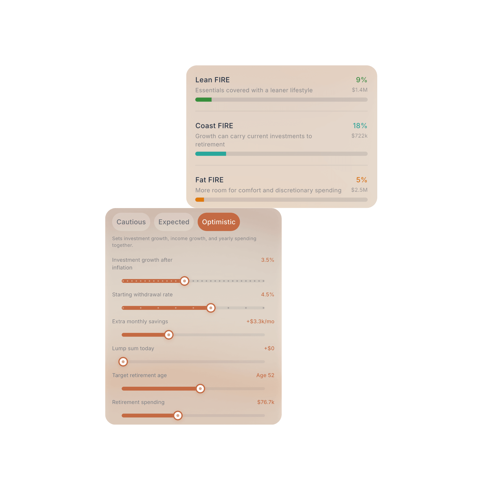 Fireball Lean FIRE, Coast FIRE and Fat FIRE comparisons with FIRE progress and what-if controls for savings, returns, withdrawal rate and retirement spending